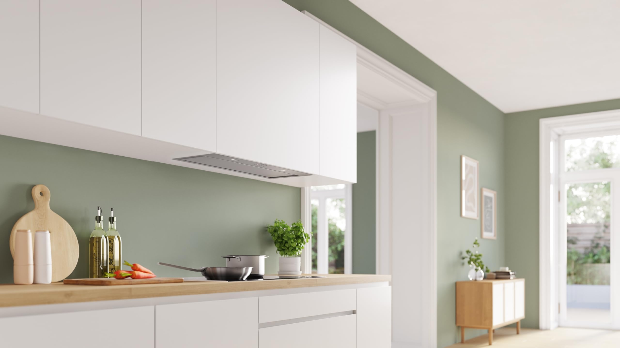 Bosch DLN87AC50 Série 6, bloc de ventilation 86 cm, évacuation et recirculation, éclairage LED, filtre anti-odeurs Clean Air Plus, affleurant, niveau intensif avec réinitialisation, commande