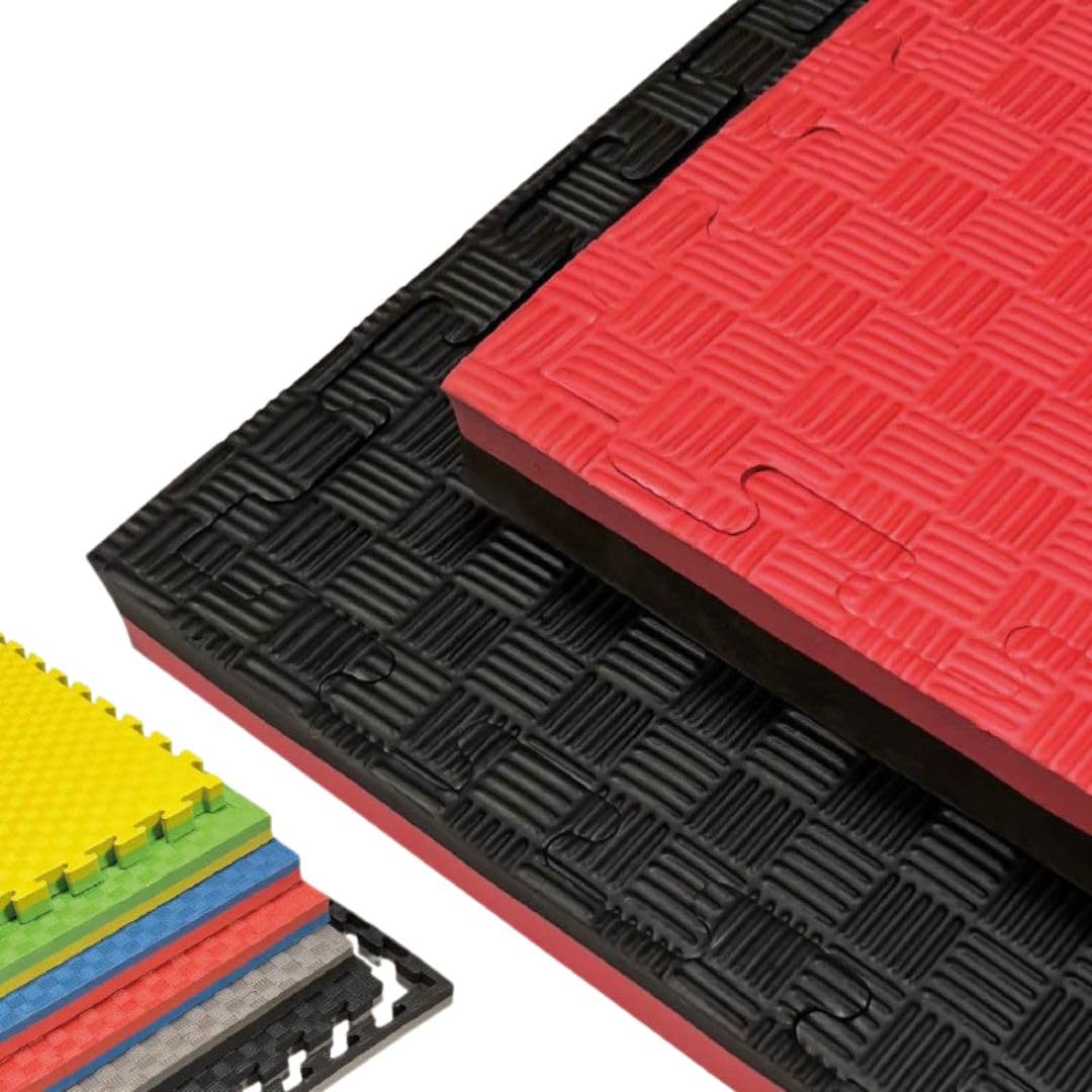 JOWY Tatami Puzzle para Gimnasio, Artes Marciales, Judo, Karate, Taekwondo, Yoga, Fitness y Zonas de Estiramiento | 1x1m | 4 cm grosor | Acabado F | Color Rojo/Negro (4 unidades)