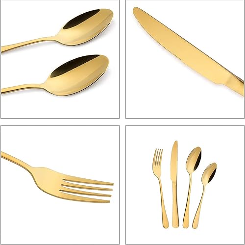 Miniatura 3 de Juego de cubiertos dorados, servicio para 4, juego de vajilla de acero inoxidable de alta calidad, juego de cubiertos de 16 piezas, incluye