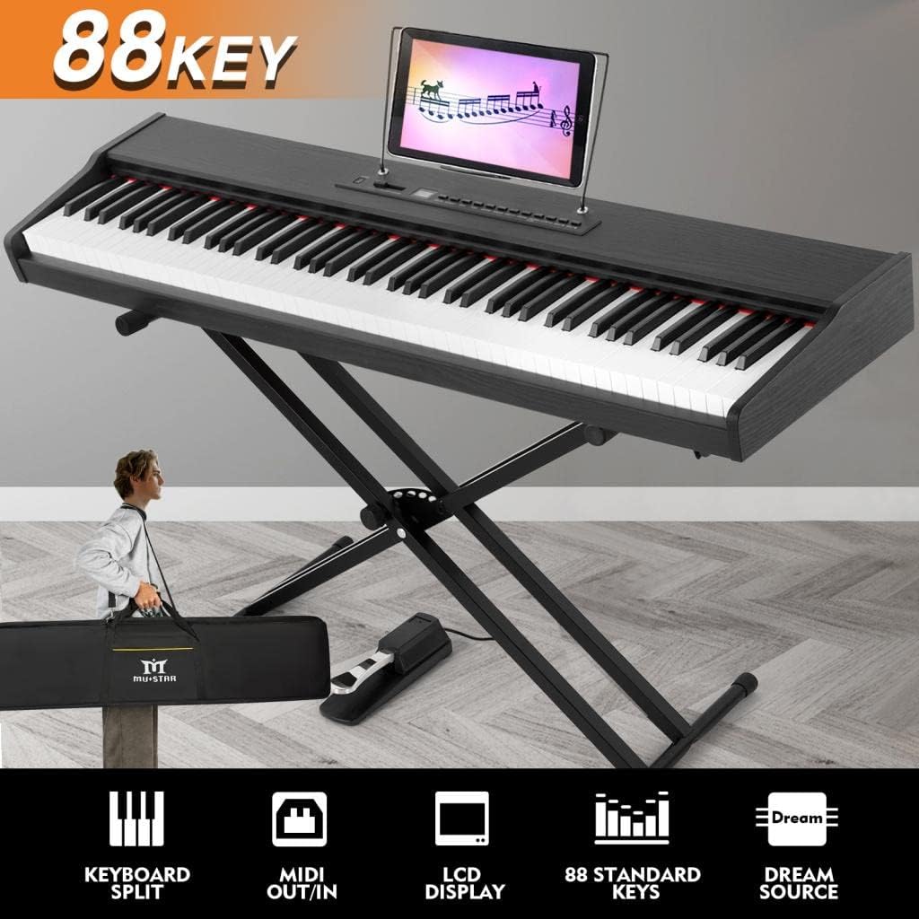 MUSTAR Piano Keyboard 88 Key Weighted Keyboard, Digital Keyboard Piano 88 Keys Semi Weighted with Stand, Full Size Electric Piano with Bluetooth Connection, Portable Case, Sustain Pedal, MDF, Black