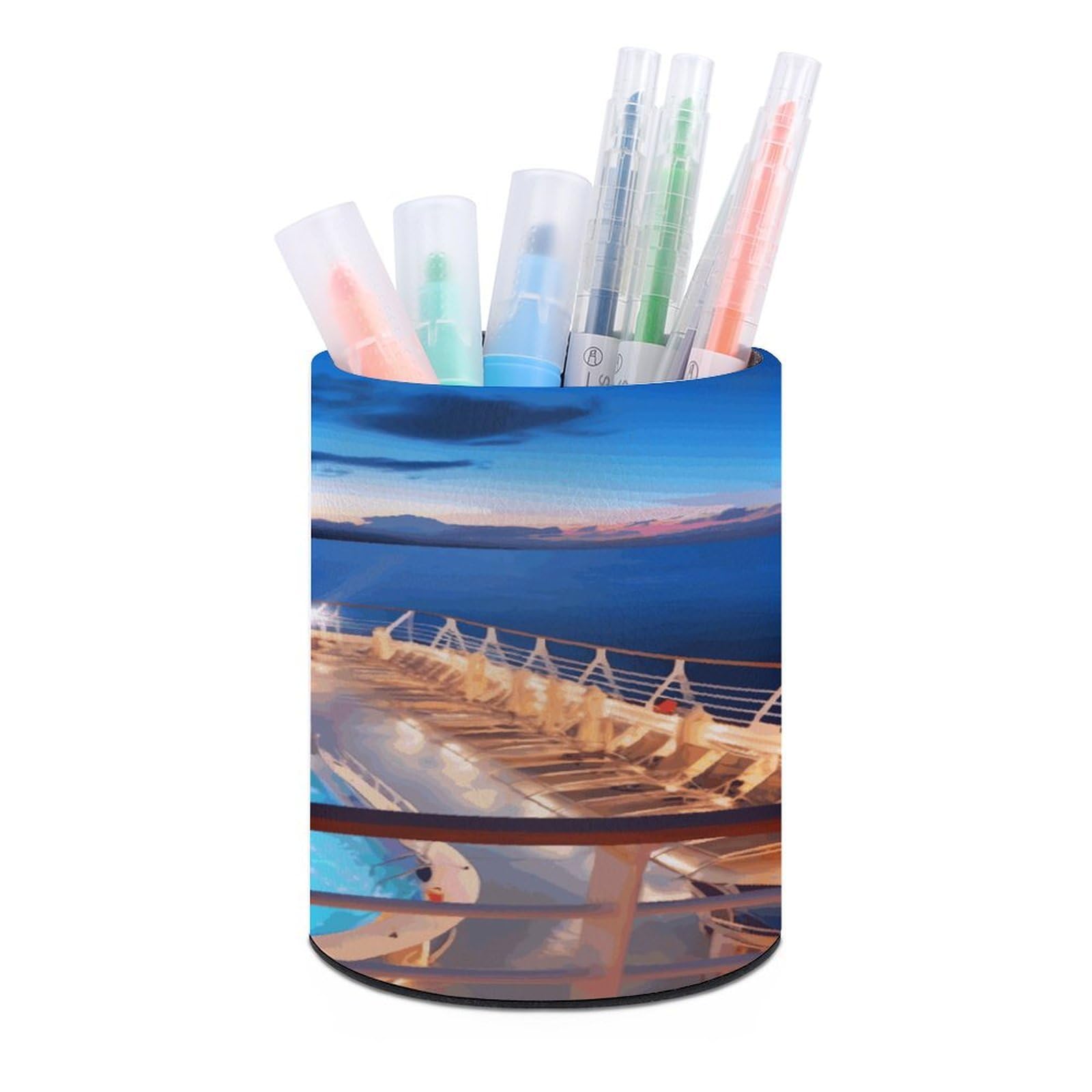 VstaDank Pool Party Cruise Ship Pen Holder Leather Pencil Cup Round Pencil Holder for Desk Organizer Personalized Pen Cup Fashion Pen Organizer Makeup Brush Holders for Office Home&Gift