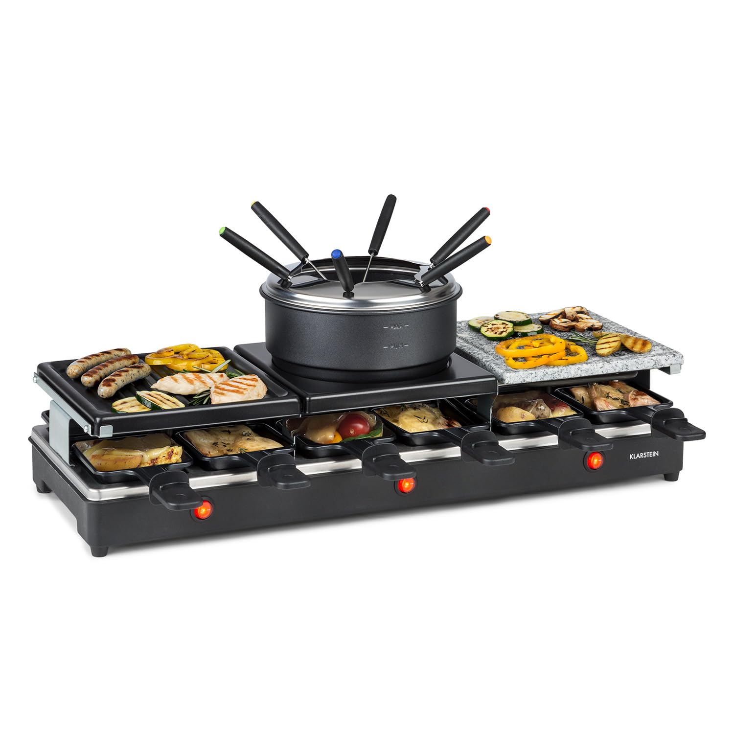 Klarstein Fonduelette XL - 3-in-1 Raclette-Grill & Fondue, 1650 Watt: Metall- /Naturstein-/Crêpesplatte, 3 separate Edelstahl-Heizelemente, bis 12 Personen, Antihaftbeschichtung, schwarz