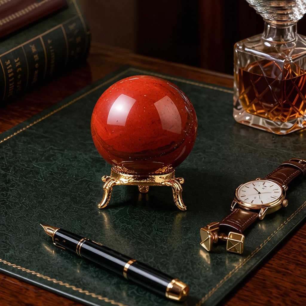 Crocon Sfera di cristallo di diaspro rosso con sfera di pietre preziose con supporto Sfera curativa Scultura Figurina per Fengshui Divinazione Decorazione per la casa Fotografia Dimensioni: 50-60mm