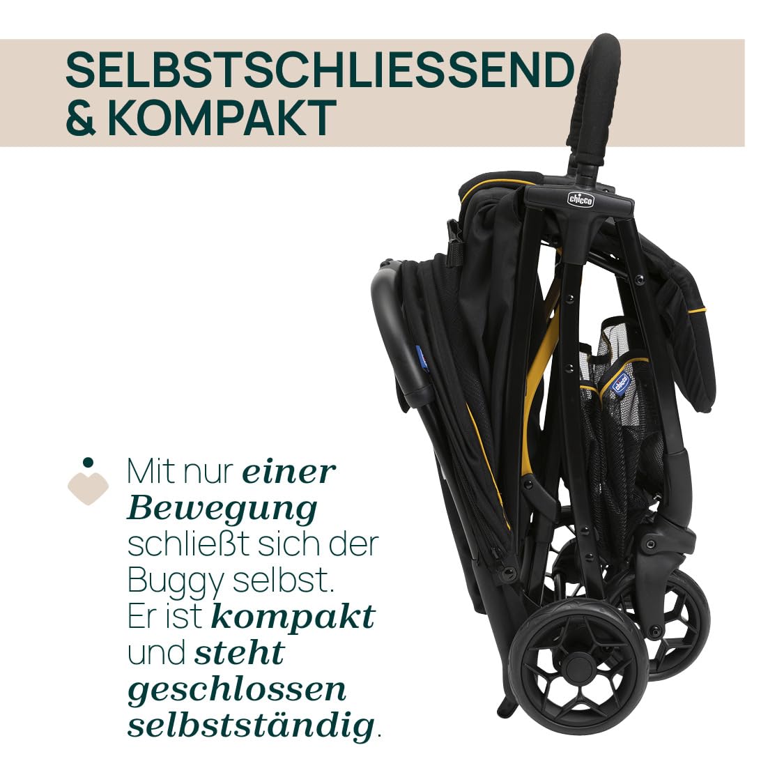 Poussette légère CHICCO Glee, pratique et légère, fermeture automatique, siège large et confortable, roues de haute qualité, dossier réglable, canopy solaire, jusqu'à 22 kg, noir