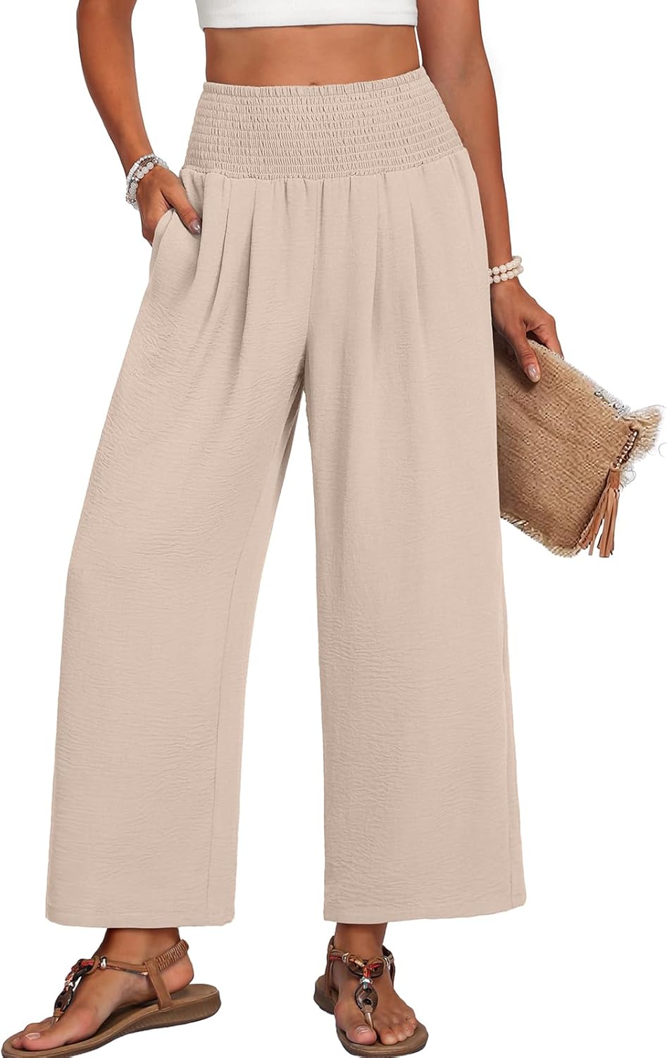 Lepunuo High Waisted Wide Leg Palazzo Pants for Women Summer Beach Vacation Lounge Trousers with Pockets 2026 Trendy