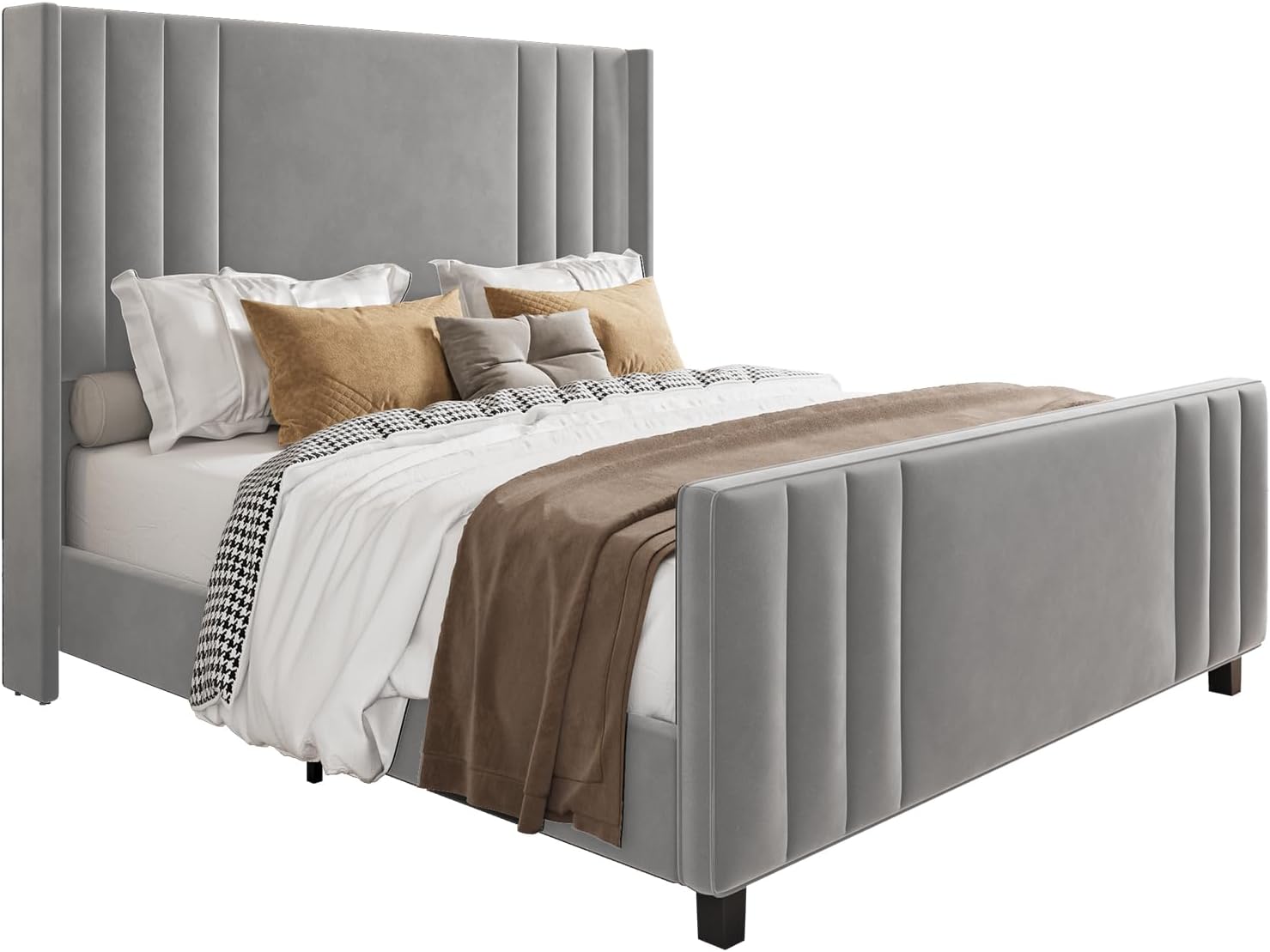 Close-up images showing the velvet tufted headboard, footboard, easy assembly with Velcro slats, and sturdy structure with wood slats and metal legs.