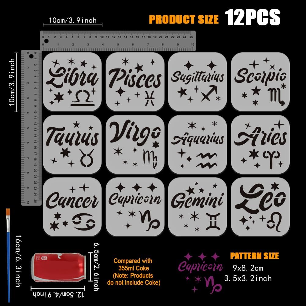 FINGERINSPIRE 12PCS Zodiac Words Stencils with Brush 3.94x3.94inch Zodiac Signs Constellation Text Drawing Template Decoration Fantasy Theme Stencil for Painting on Wood Canvas Wall Furniture