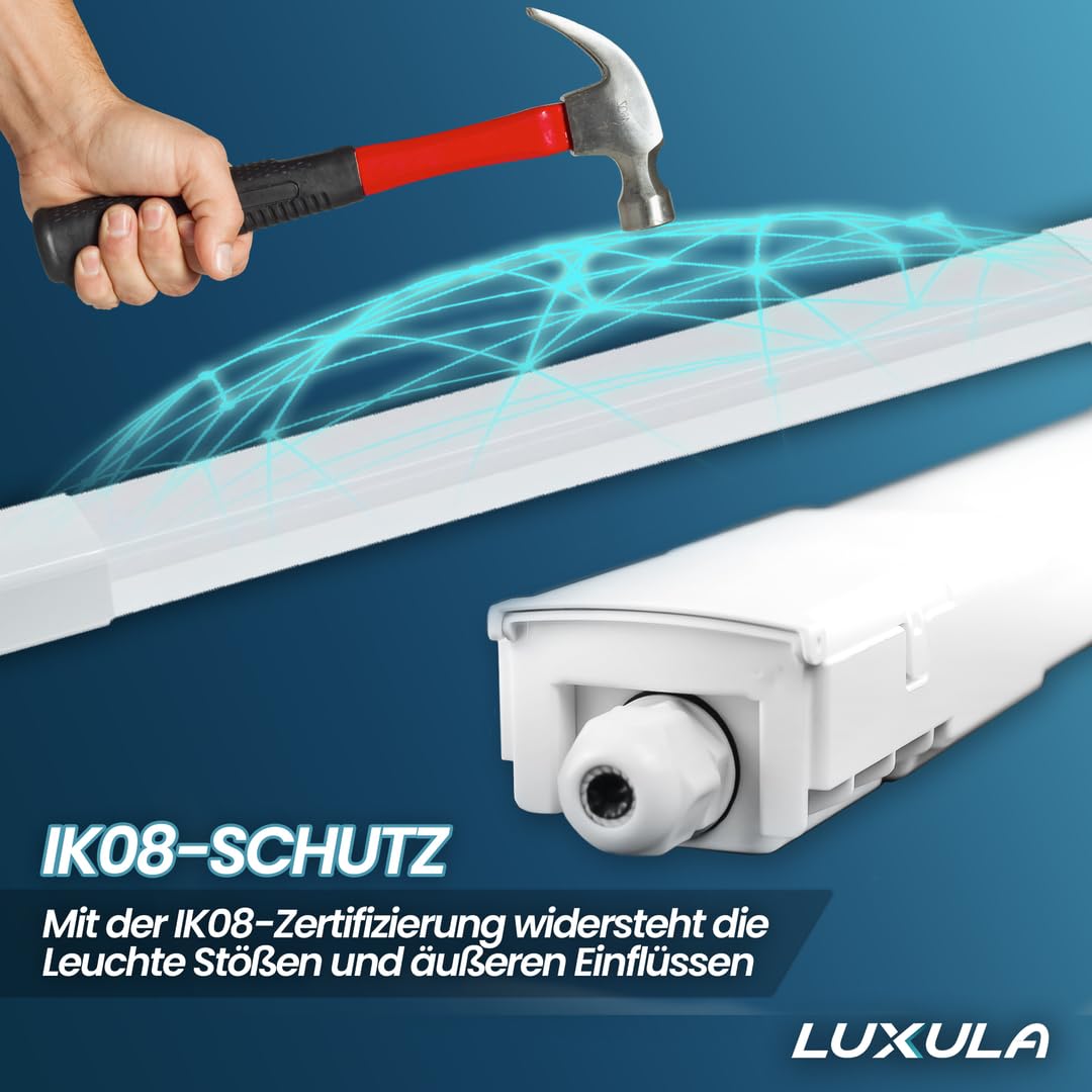 LUXULA 4x LED Feuchtraumleuchte 120 cm, 32W 3680lm, 115lm/W, durchschleifbar, Fast Connector, robuste Wannenleuchte für Garage Keller Werkstatt, gleichmäßige Ausleuchtung, einfache Montage