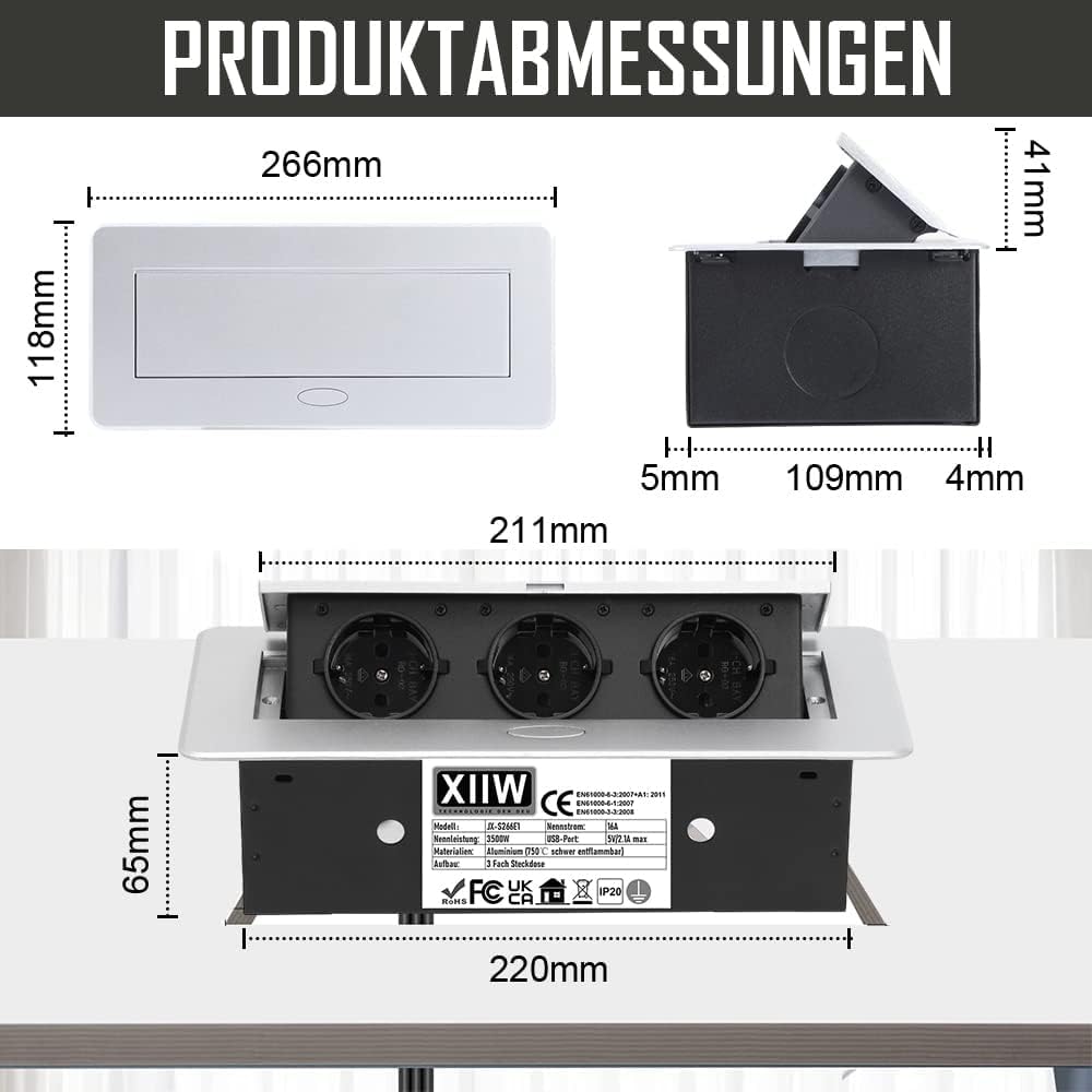 Aluminiowe wpuszczane gniazdo wtykowe do zabudowy, 3500 W/16 A/230 V, 3-krotne gniazdko na blat, wpuszczane gniazdko stołowe, listwa zasilająca z kablem o długości 1,8 m, niepalne, do 750°C