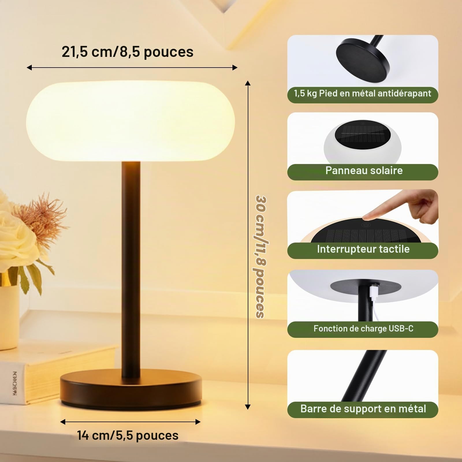 Rosnek Lampe de Table Solaire LED Sans Fil, Batterie 4000mAh, 3 Modes de Couleur & Gradation Continue, Étanche IP65 avec Télécommande, Recharge USB-C & Énergie Solaire pour Intérieur et extérieur