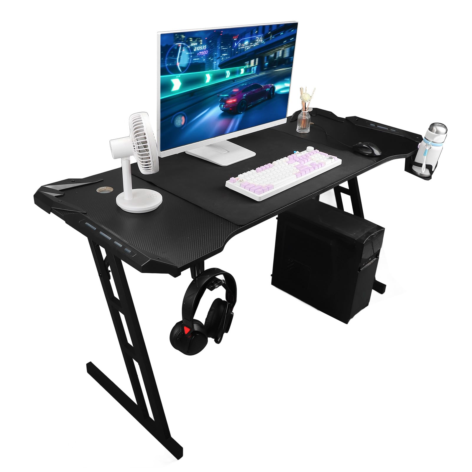 Ejoyous Scrivania da Gioco con Luci a LED Scrivania per PC da Gioco 55,12 X 23,23 Pollici Stazione di Lavoro per Computer con Gambe in Acciaio con Tappetino per Mouse Portabicchieri per Giocatori di