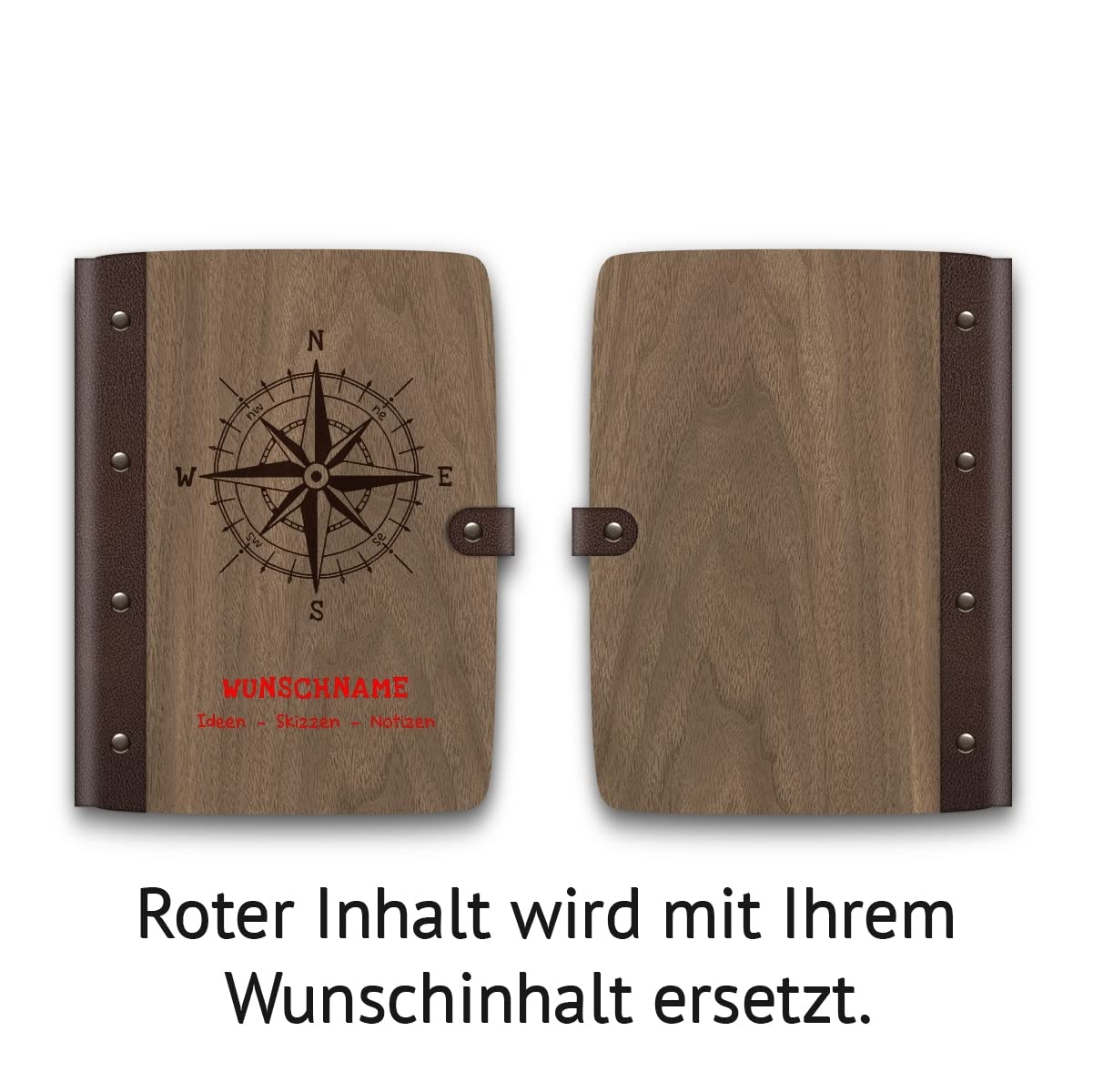 Personalisiertes Notizbuch Holzcover mit Echtleder Rücken 72 Blatt | 144 Seiten A5 hoch 158x222mm Nussbaum Amerikanisch - Kompass