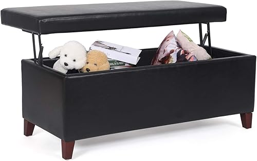 Miniatura 106 de Adeco Otomana de almacenamiento, banco tapizado rectangular de piel sintética con patas de madera, reposapiés, mesa de café para sala de estar,