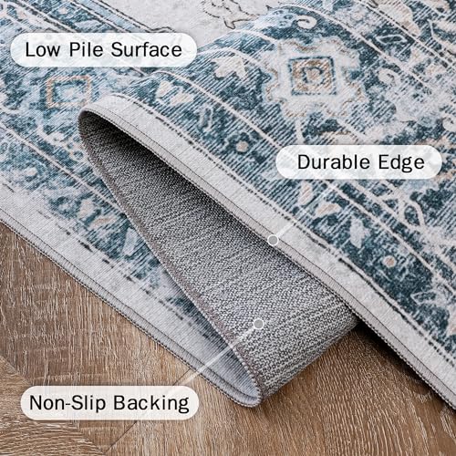 GENIMO Runner Rug 2x12, Non Slip Vintage Hallway Runner Rugs, Low Pile Lightweight Machine Washable Mat for Hallway, Entryway, Bedroom, Kitchen and Corridor, Blue