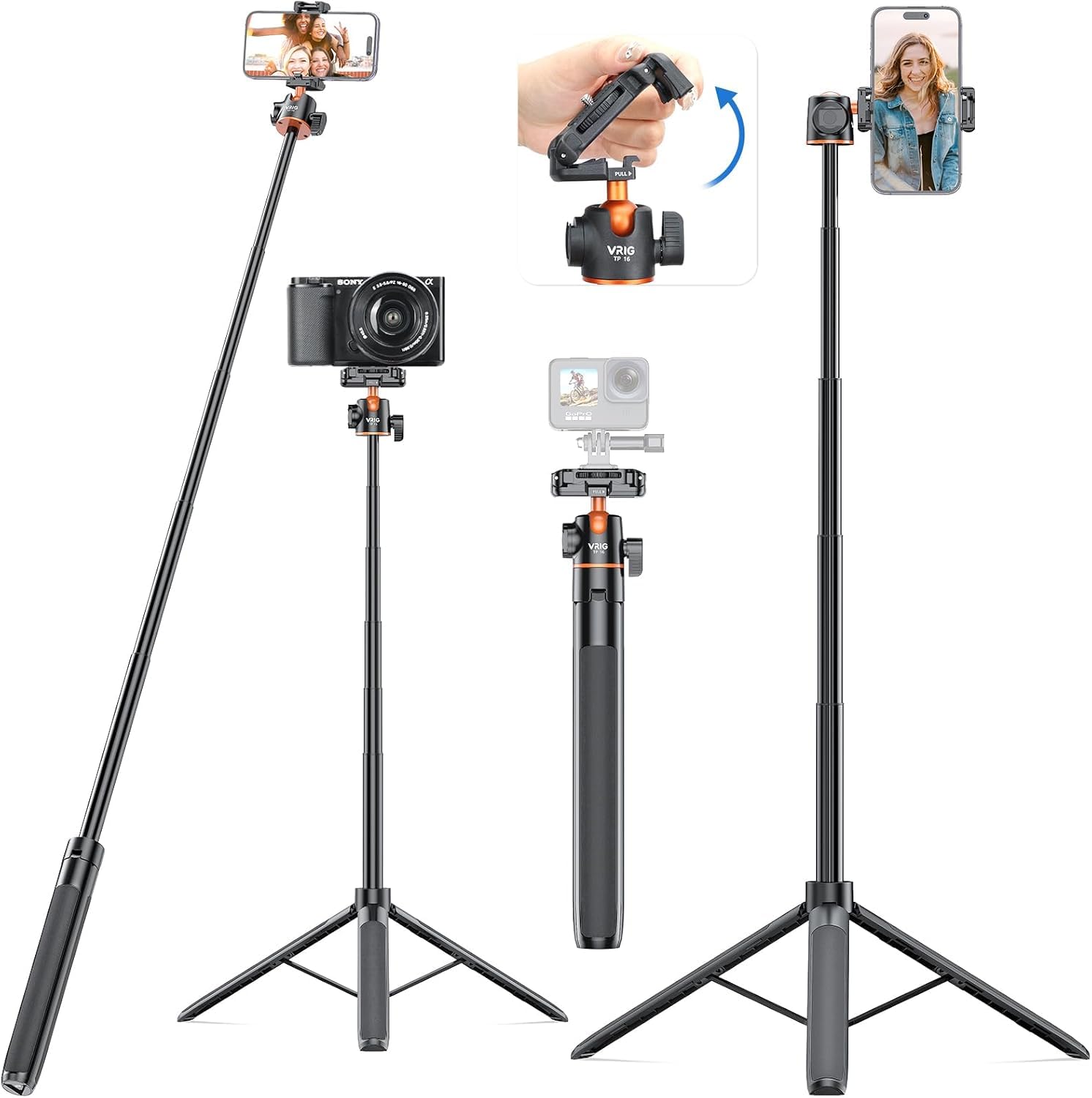 VRIG TP16 - Trípode de cámara extensible de 55 pulgadas, soporte de trípode para cámara selfie con clip de teléfono 2 en 1, ajuste de 5 niveles, cabezal de bola de 360° para iPhone, Sony, Canon