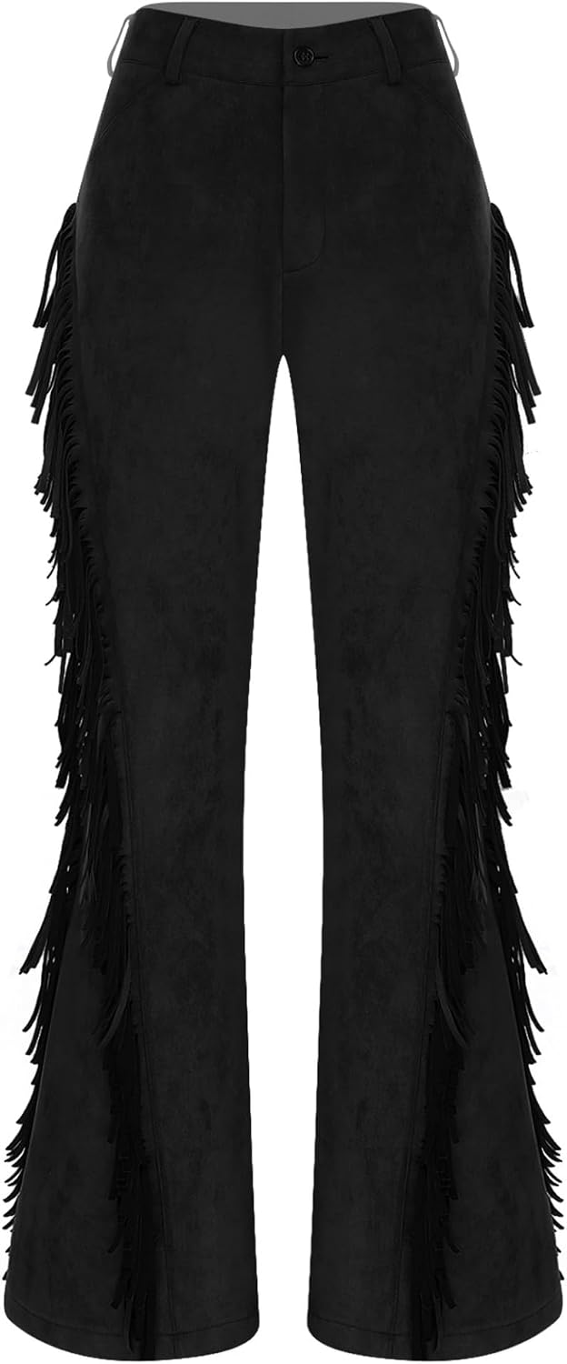 Jhaoyu Womens Faux Suede Side Tassel Cowboy Chaps Pants High Waist Wide Leg Bell Bottoms Trousers