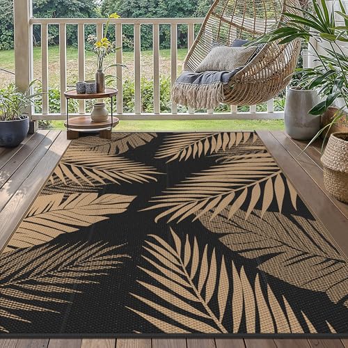 GENIMO Outdoor Teppich 120x180cm Wetterfest, Waschbarer Camping Teppich Wendbar UV-bestandig Carpet, Kunststoff-Picknickdecke für Balkon, Garten, Wohnmobil, Deck, Hinterhof, Schwarz & Braun