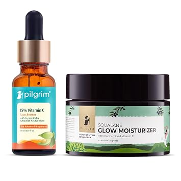 Pilgrim Radiant Glow Combo 15% Vitamin C Serum 20ml & Spanish Squalane Glow Moisturizer 50g with Niacinamide |Brightens Skin|Even Skin Tone | Removes Pigmentation