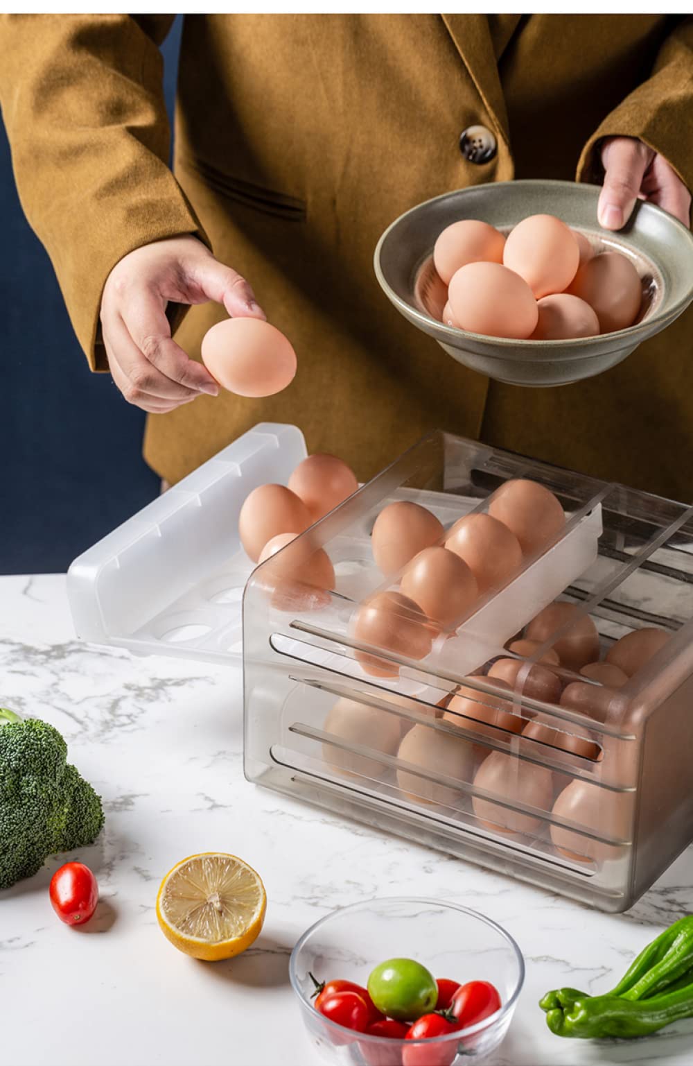 Bandeja de plástico para huevos, Caja de almacenamiento huevos con cajón doble capa, 16/32 rejillas transparentes, 24x21,5x14cm for refrigerador