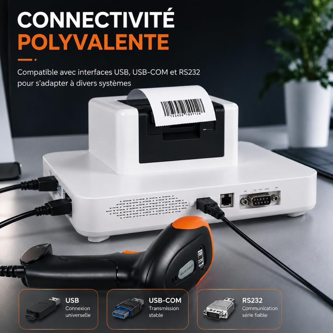 Lecteur Code Barre USB 1D 2D QR, Scanner IP54 Antichoc Compatible Windows Mac Linux
