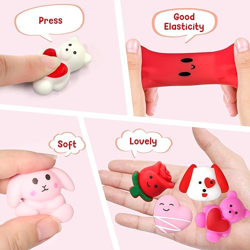 Miniatura 5 de SURCVIO Paquete de 28 juguetes esponjosos de San Valentín para niños, tarjetas de felicitación y corazones rellenos de Mochi Kawaii Squishies para
