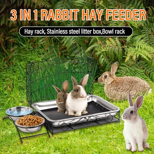 Svauoumu 3 In 1 Kaninchen Heufutterspender und Kaninchenklo, mit Wasserdichter Matte und Futterschale für Meerschweinchen Hamster Futterspender Katzentoilette Schalenhalter