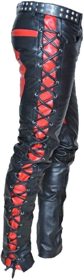 Men's Real Leather Bikers Pants Side and Front Laces Up Contrast Leather Pants