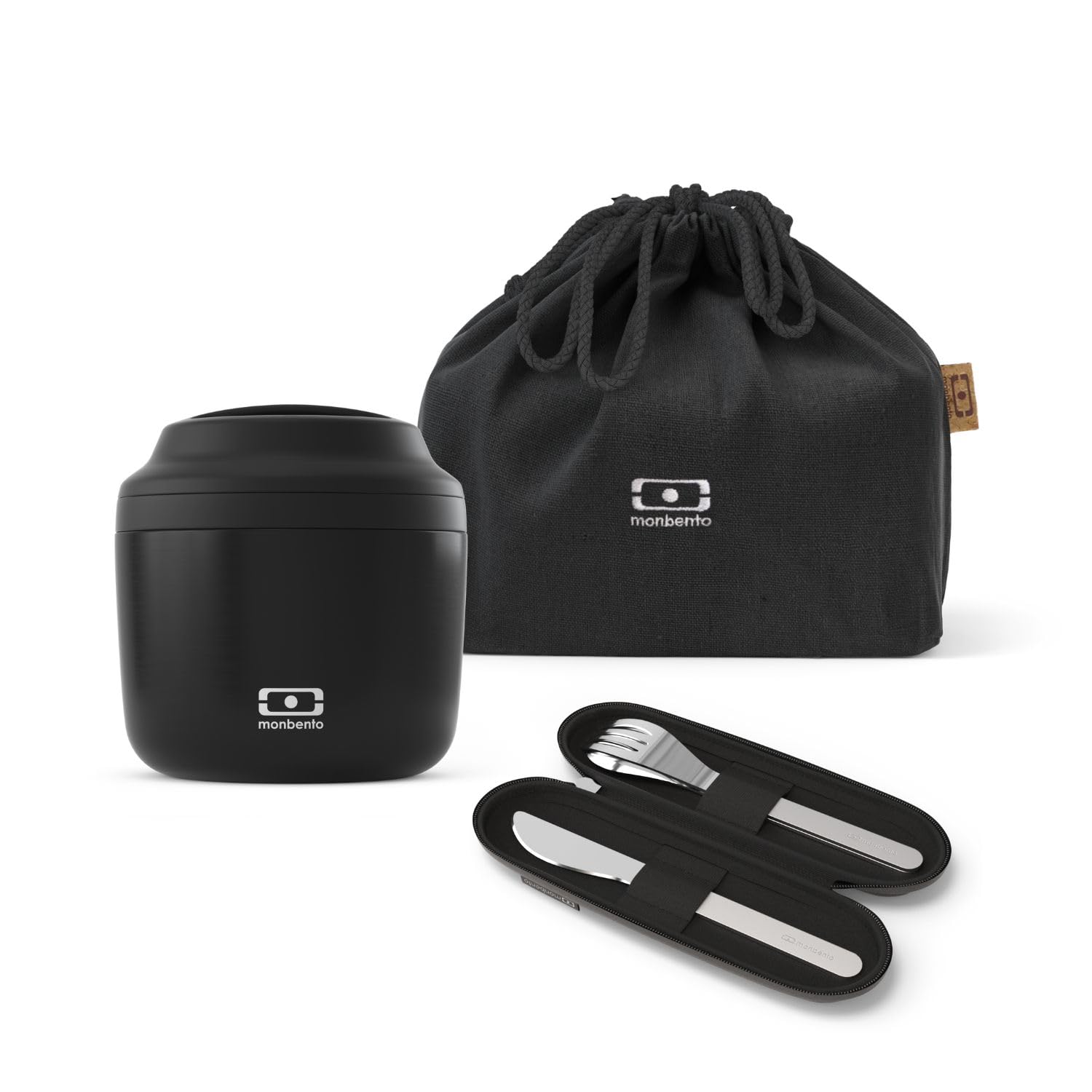MONBENTO - Set Fiambrera Lunch Box Onyx - Con Bento Box Térmica MB Element hasta 10 Horas, Set Cubiertos MB Slim Nest, Bolsa Bento MB Pochette M - Sin BPA - Segura y Duradera - Negro