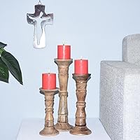 Vista 18 de Juego de tres portavelas de pilar de 6 pulgadas, 12 pulgadas y 6 pulgadas de madera de mango hecho a mano Pulido oscuro