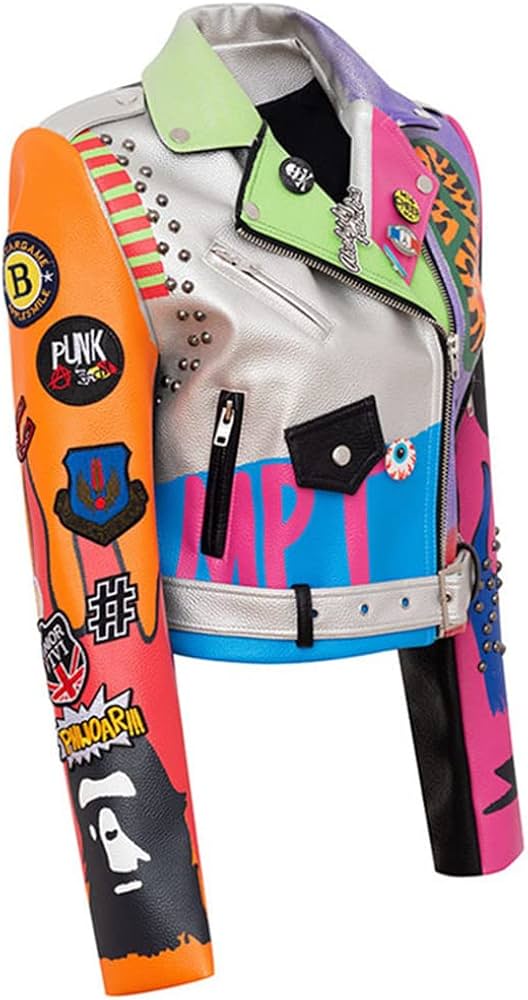 Amazon.co.jp: 女性カラフルなグラフィティスタッズコートパンク