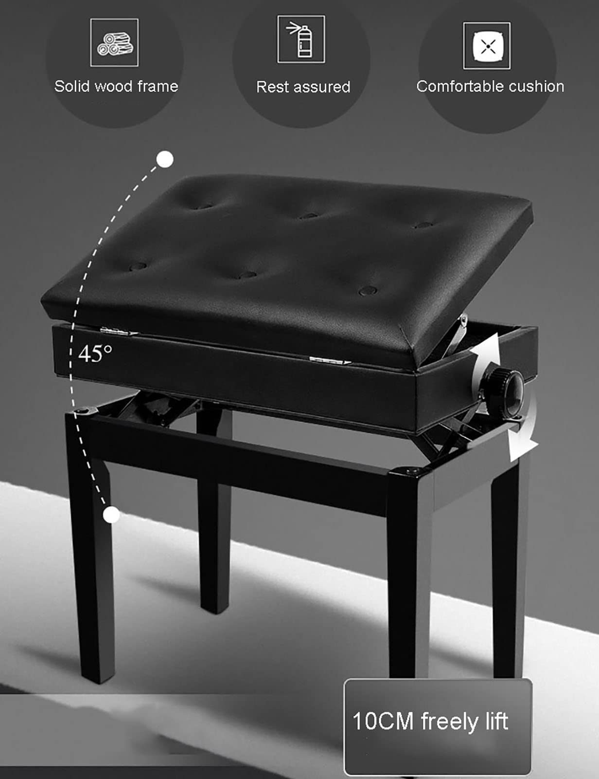 Panca per pianoforte con rivestimento in pelle, altezza regolabile (10 cm), panca per tastiera, 55 x 34 x 47 57 cm, colore nero