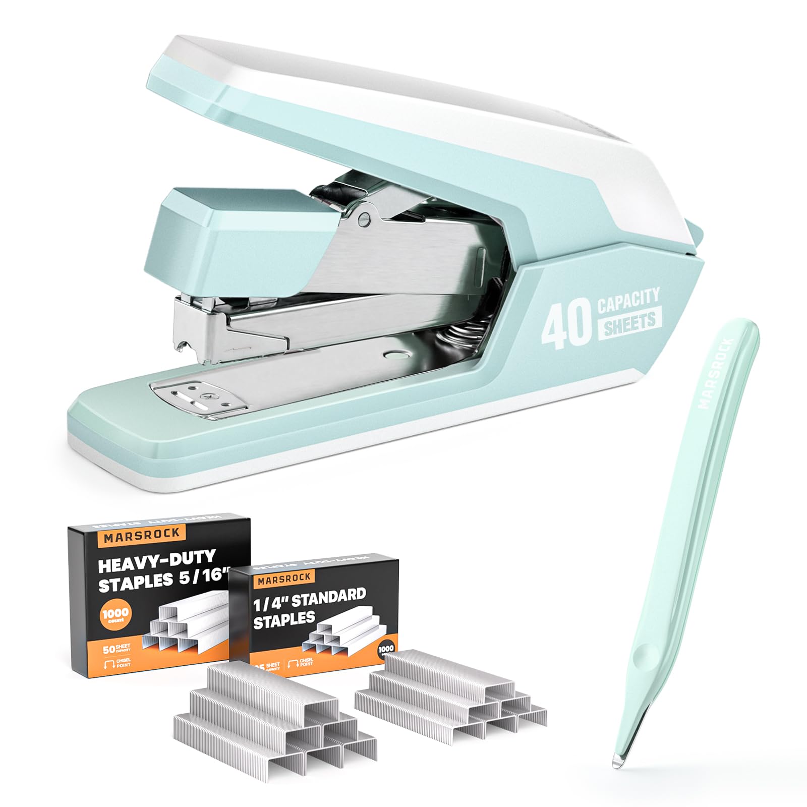 Marsrock Effortless Stapler for Desk with 40-50 Sheet Capacity, 2000 Staples, 1-Touch Stapling, Easy to Load Desktop Staplers, Heavy Duty Stapler, Magnetic Staple Remover, School Supplies, Green