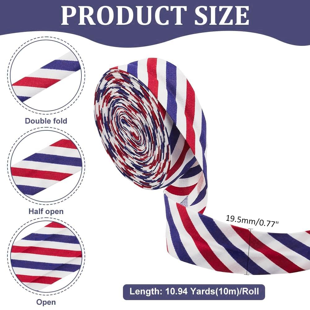 MAYJOYDIY Schrägband mit Streifen, 3 Farben, 2,5 cm, rot, weiß, blau, Saumband, Polyester-Twill, gestreiftes Paspelband für DIY, Kleidung, Nähen, Nähen, Paspeln, Quilten, 9 m