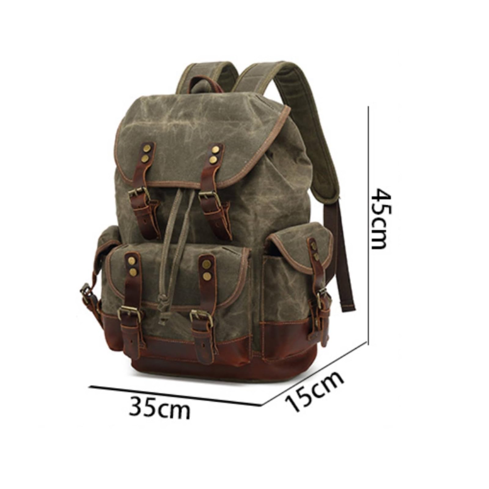 Zaino in Tela Cerata Robusto Zaino con Finiture in Pelle Durevole Borsa per Viaggiatori, Pendolari, color to 1, Verde Militare Cerato Con Pelle Marrone Scuro