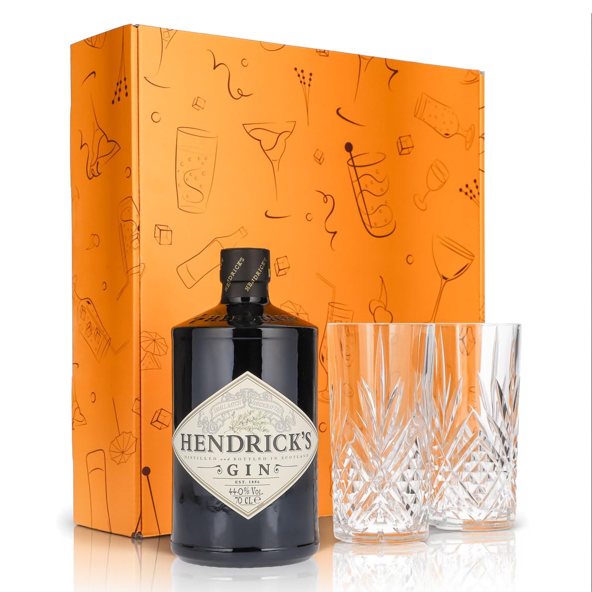 Sipply Geschenkset 3-teilig mit 2 Longdrinkgläser Relief und 1 Flasche Hendricks Gin 0,7l 44,0% Vol. | mit Geschenkverpackung: Orange | Geschenk für Frauen Männer Papa Freundin zu Weihnachten Ostern