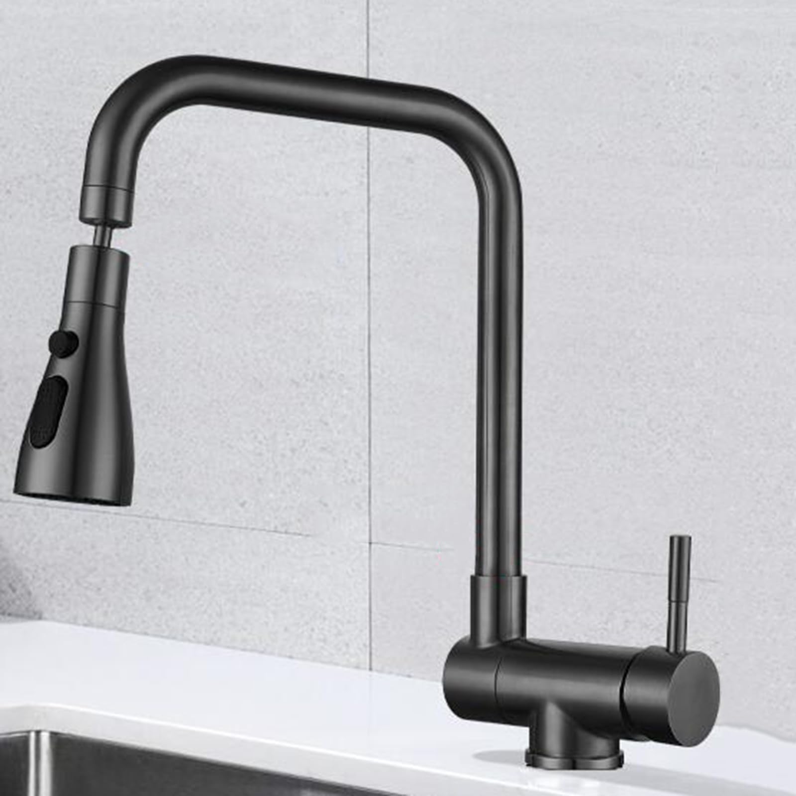Grifo Abatible para Ventana de Cocina, Giratorio de Acero Inoxidable, 3 Modos, Mango Único, Orificio Único para Fregadero - Negro