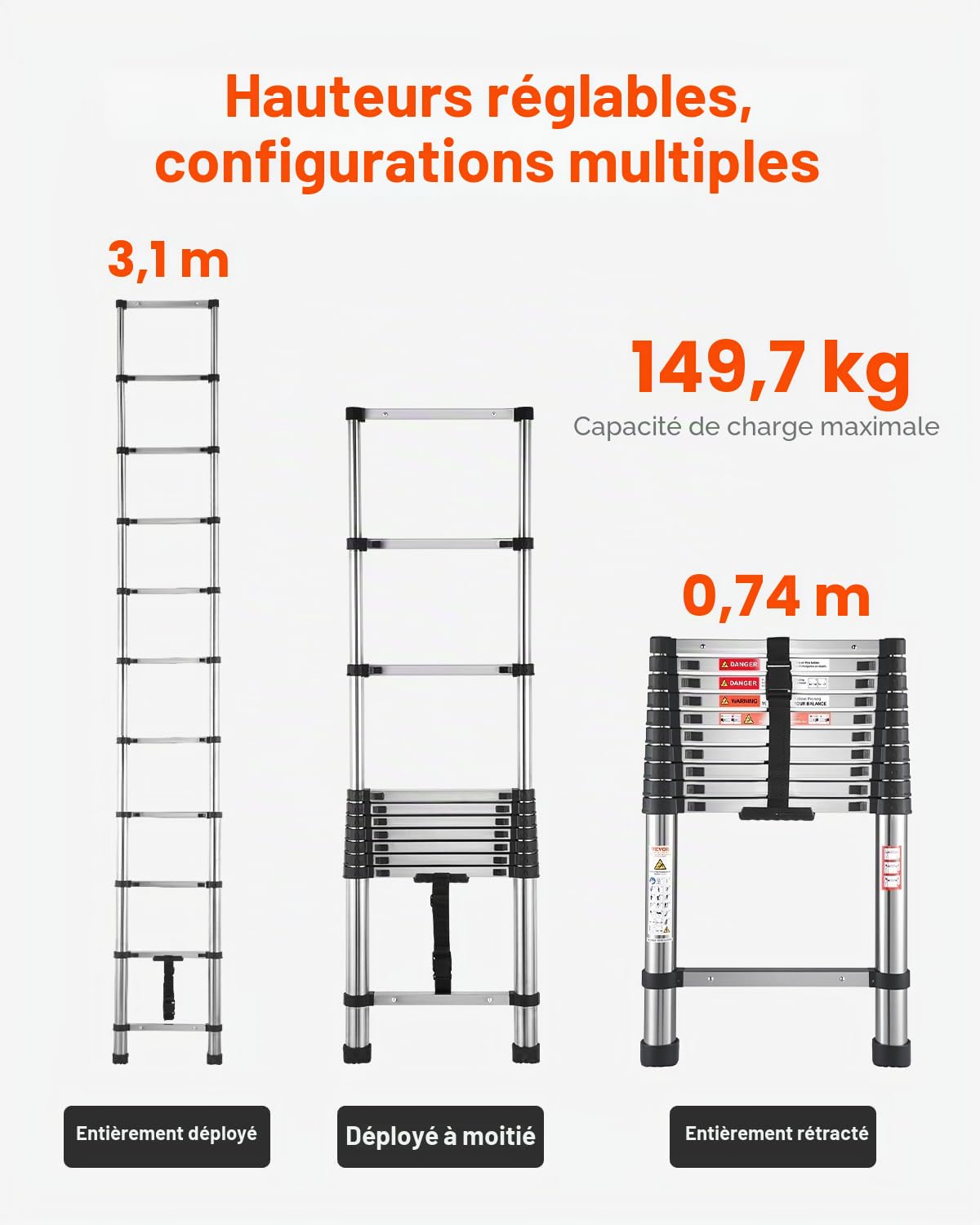 VEVOR Échelle Télescopique, 3740 mm, Escabeau Extensible en Acier Inoxydable, Capacité de Charge 170 kg, Échelle Portable Légère à Rétraction Multi-Boutons, pour Réparation de Maison, Camping-Car