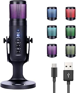 Micrófono USB, RGB PC Gaming Micrófono de Condensador Calidad de Estudio para PS4 Mac LED Color Atmósfera Luz Micrófono con Cable de Carga para Streaming Grabación Podcasting Broadcasting Gaming Live