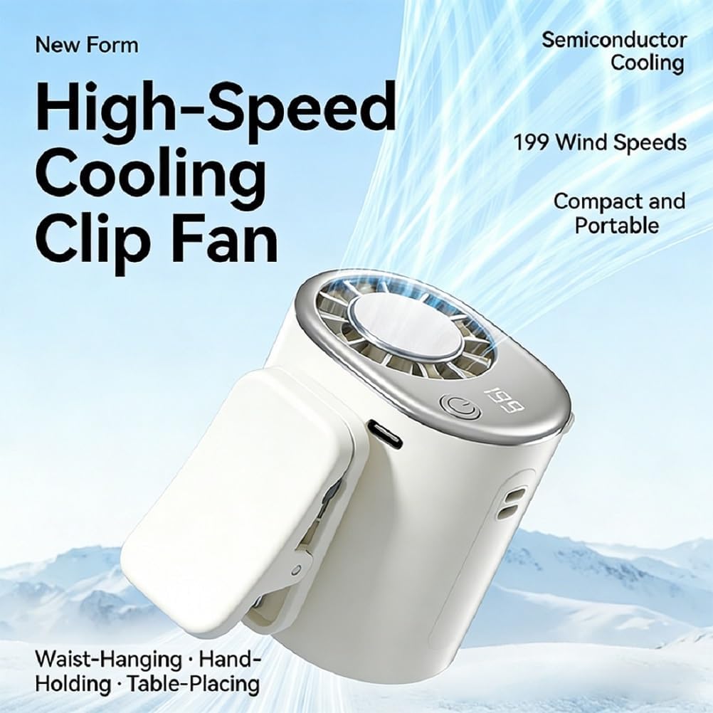 2026 Car Clip on Air Conditioner Fan with Led Display 360° Rotation, 199 Speeds Adjustable, Portable USB Rechargeable Personal Cooling Mini Fans for Umbrella, Office, Car, Beach (Black)