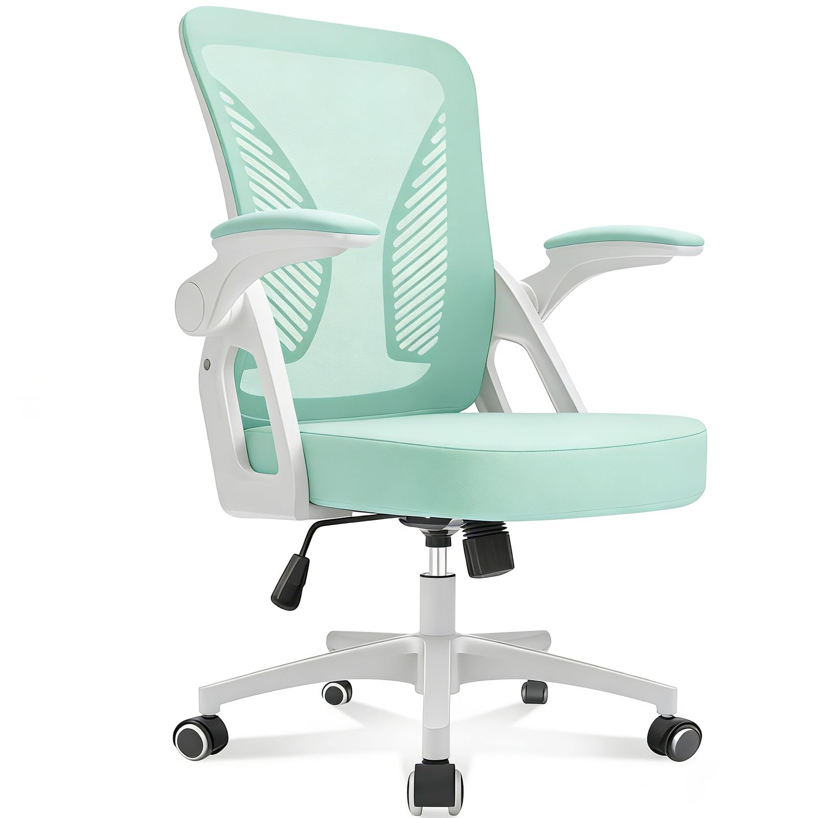 Durrafy Ergonomic Office Chair, Desk Chair with 90° Flip-up Armrests, Lumbar Support & Height Adjustable, Breathable Swivel Computer Chair with Tilt Function, Mid-Back Mesh Chair (Green)