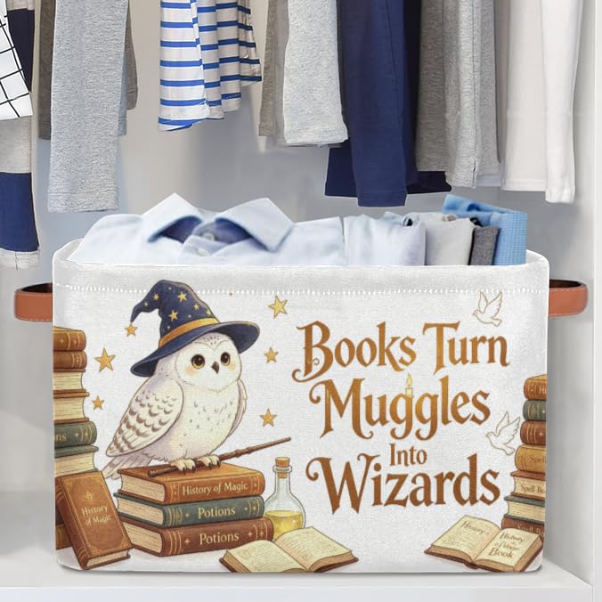 Image of Bardic Magic Nursery Decor Baby Basket Large Blue Hat Wand Basket Owl Kid Gift Collapsible Book Shelf Clothes Basket Rectangle Toy Bin 15 inchx11 inchx9.5 inch