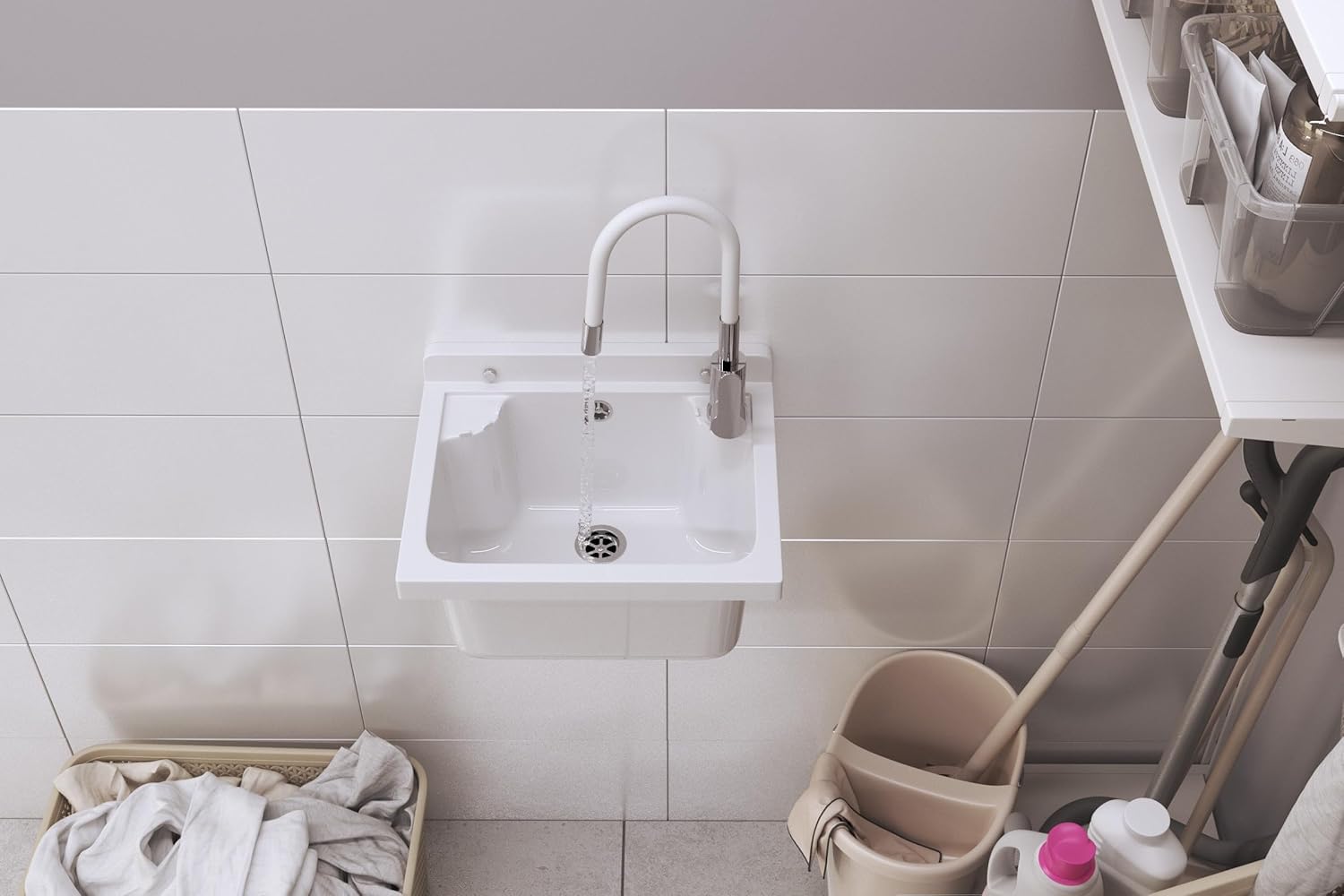 Ausgussbecken mit Mischbatterie undPlatz für Seifenspender Garage Keller Werkstatt und Waschküche - Universal Waschtrog mit Siphon - Waschbecken Wandmontage - 42x34x24 cm - Weiß - Granitan