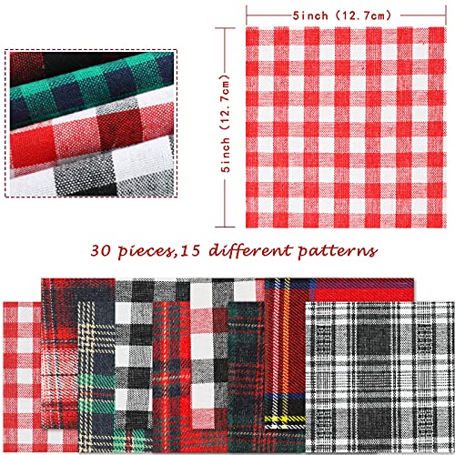 Whaline W3137 30Pcs Christmas Plaid Fabric Squares Buffalo Check Cotton Fabric Squares Red Green Black White Quilting Fabric Patchwork 15 Design Precut Quilt Charm Squares thumb #1