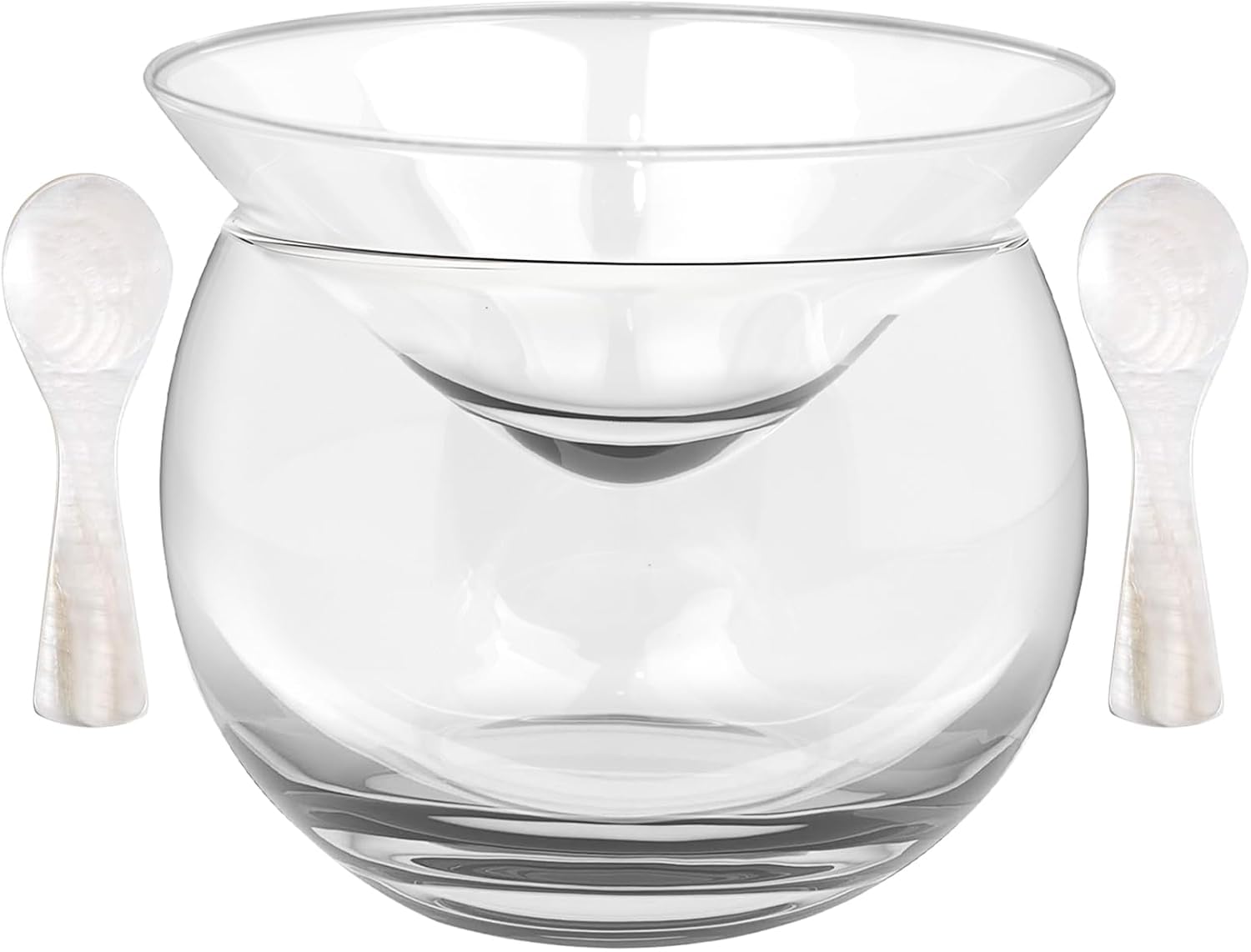 Glass Caviar Chiller Server Set with 2 Pcs Caviar Spoons, 3.3 Inches Mother of Pearl Spoon Shell Spoon, Universal Martini, Wine, Liquor Cocktail Chiller