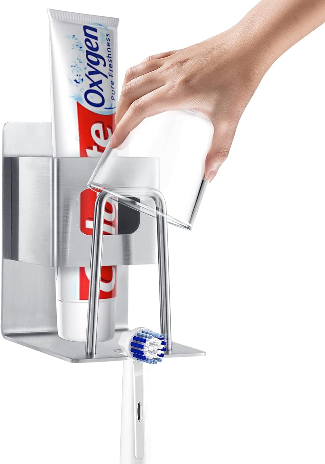 Electric Toothbrush Holder 304 Stainless Steel Toothbrush Holder Wall Mounted Adhesive Toothpaste Holder Cup Holder Electric Toothbrush Heads Hanger Bathroom Toothbrush Organizer Rustproof