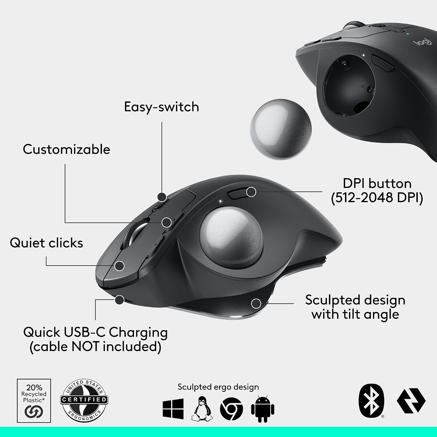 Logitech MX Ergo S Advanced Wireless Trackball Mouse, USB-C