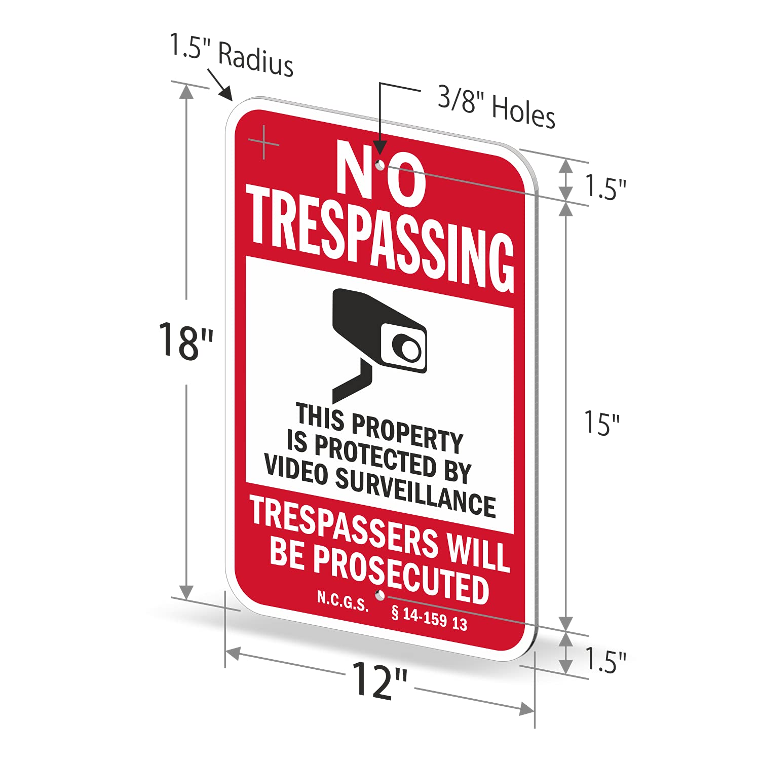 SmartSign 18"x12" 'No Trespassing - Property Protected By Surveillance' Official North Carolina State Sign, 63 mil Aluminum, 3M Laminated Engineer Grade Reflective, Red/Black/White, USA-Made