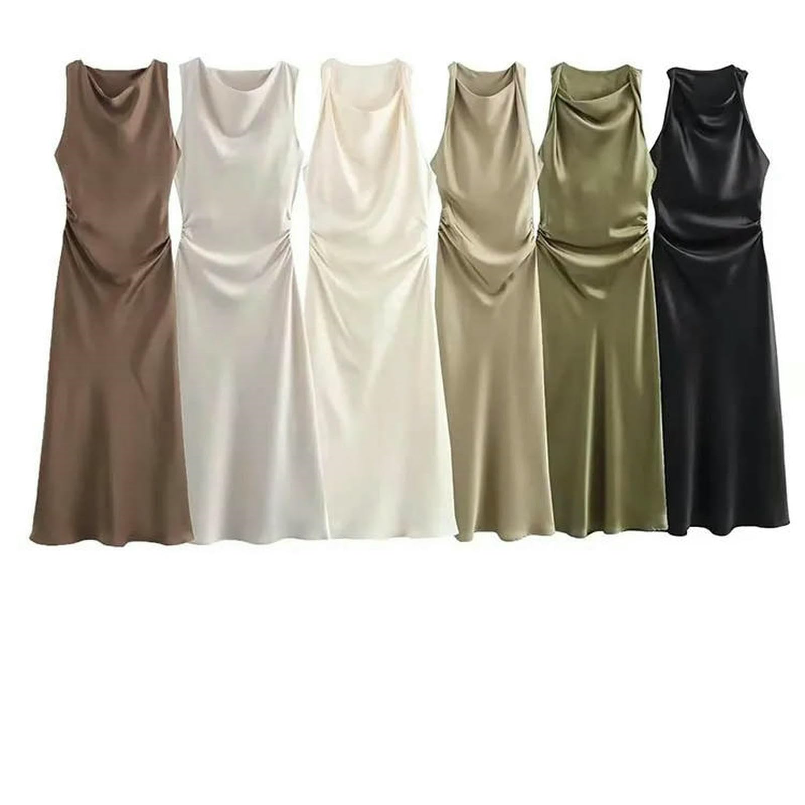 Vestito Donna Abiti Lunghi Satinici per Donne Slip Midi da Sexy Abito Sera Senza Maniche Eleganti-5-m
