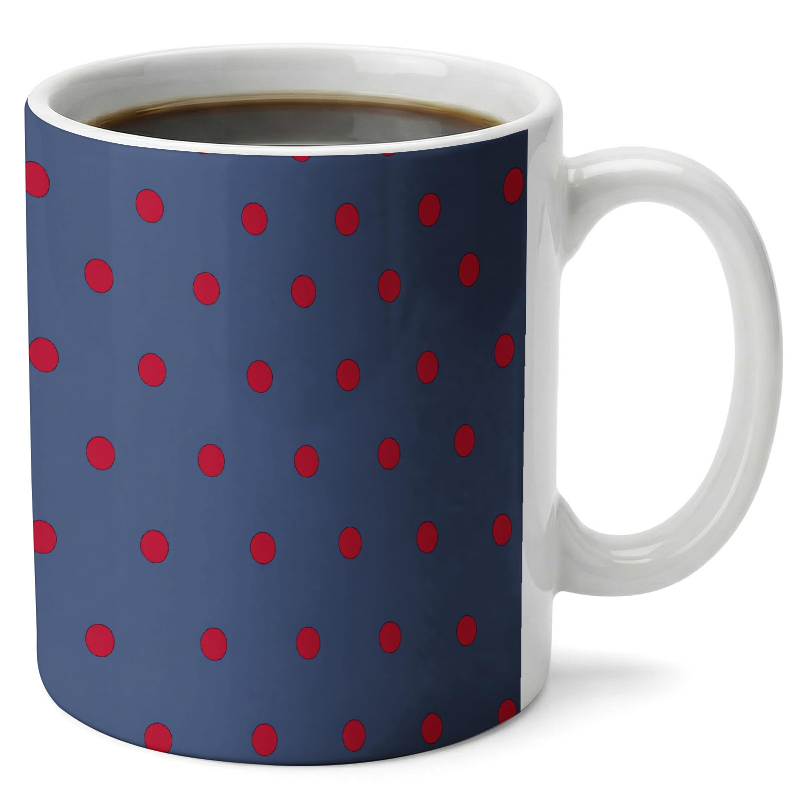 Polka Dot Design Ceramic Coffee Mug Set of 2 in Navy Blue with Bold Red Dots for Home Kitchen Office Use Daily Coffee Drinking and Tea Time Relaxation