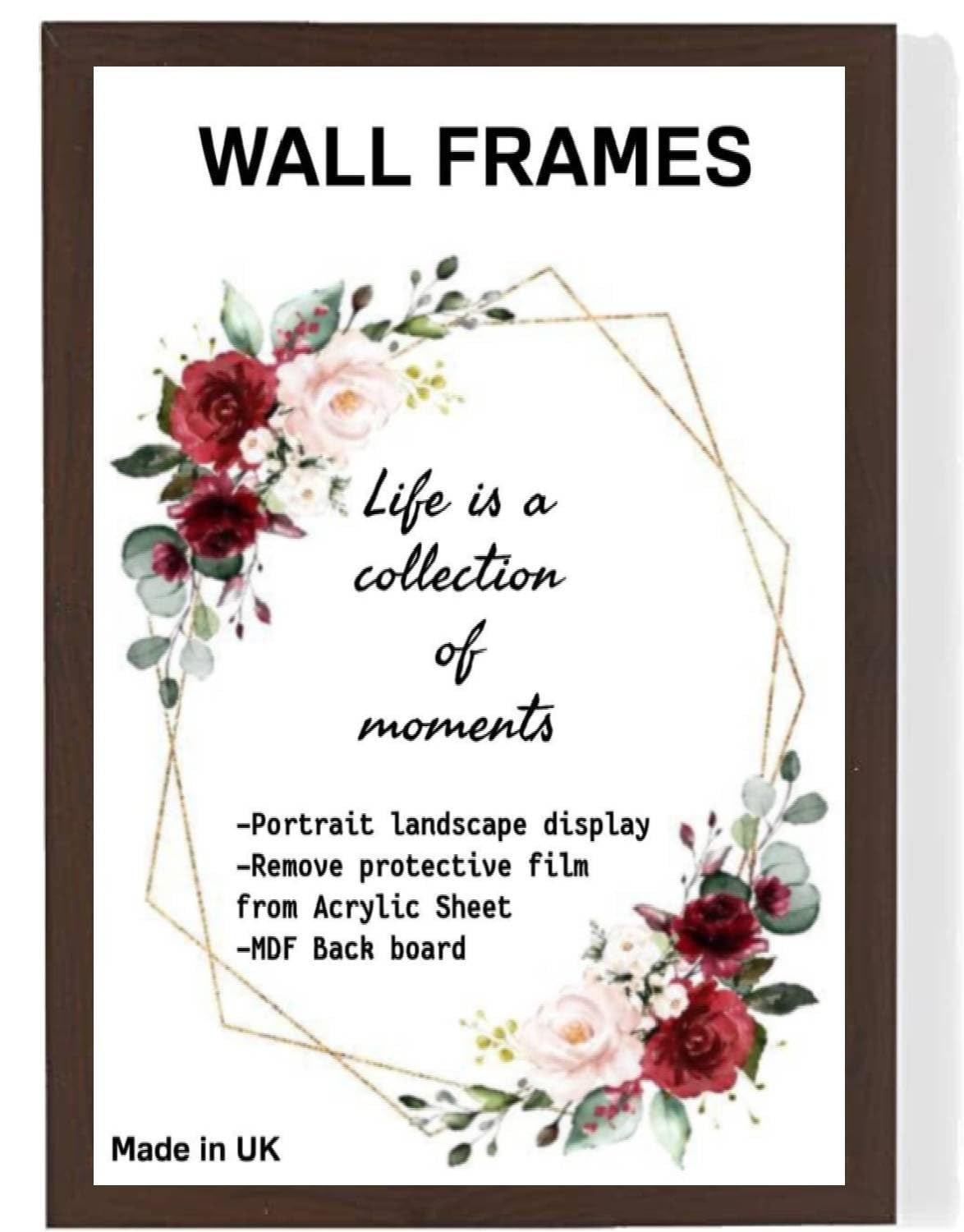 Home Plus Dealz Mahogany Wall Photo Frame 60 x 30 cm For Display Poster Print Picture With HD Clear Aclyric Front 30x15mm Moulding Metal Hooks MDF Wood